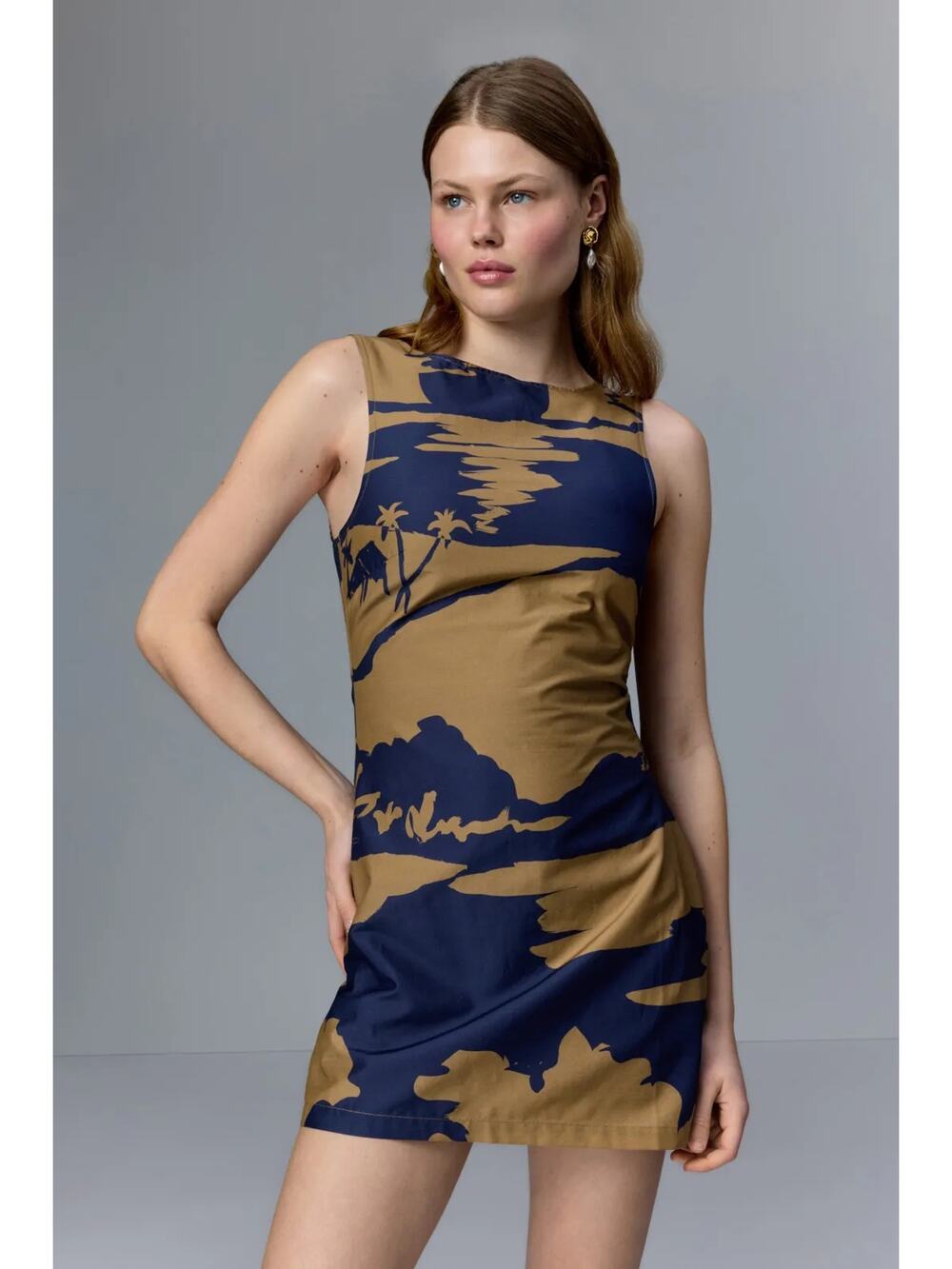 Soleil Soleil Lola Mini Dress Sleeveless Printed Silk Blend Navy Blue Brown 0